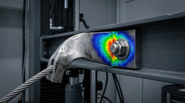 Metal stress test on steel structure with colorful strain distribution showing tension and pressure in industrial setting