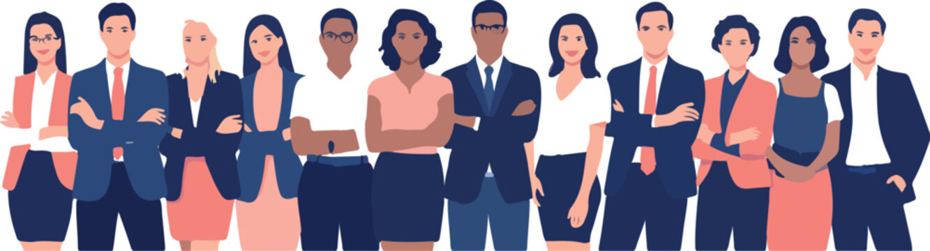 Large diverse group of successful business professionals standing together in formal suits representing corporate teamwork leadership diversity and global inclusion vector illustration.
