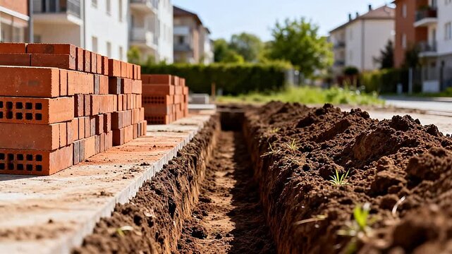 Construction site with bricks and trench