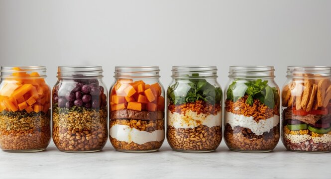Glass jars arranged consecutively with colorful and nourishing meal selections