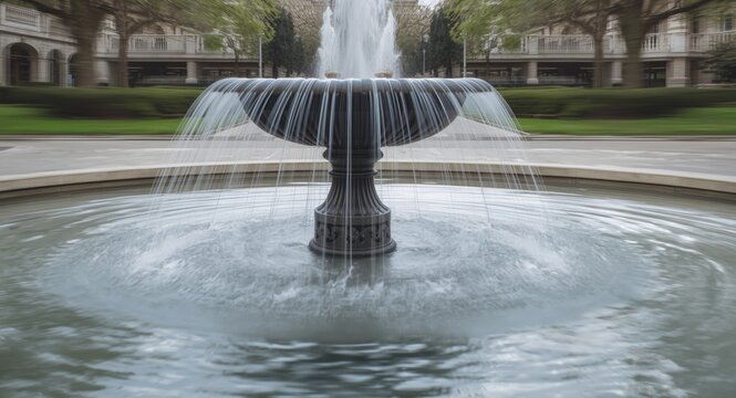 Blurred water streams in public fountain photographed during long exposure