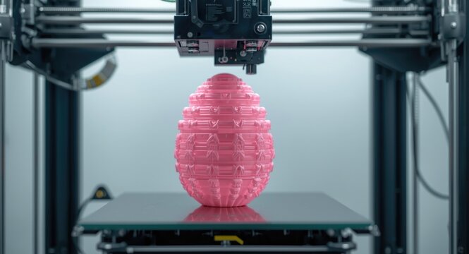 Front view of an industrial FDM 3D printer producing a pink Easter egg sculpture with a smooth blurred backdrop