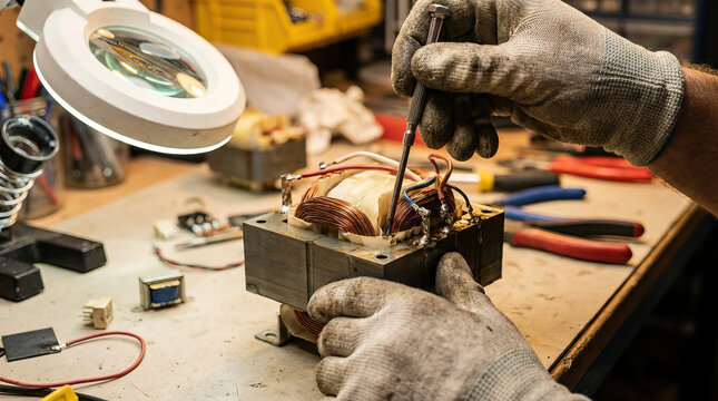 Electrical repair transformer hands screwdriver workbench gloves coil wire tool maintenance technician workshop electricity close up industrial equipment copper mechanical fixing power component