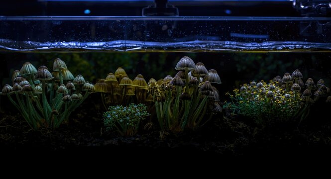 Dark liquid culture setup emphasizing luminous caps and mycelium growth of Psilocybe cubensis mushrooms