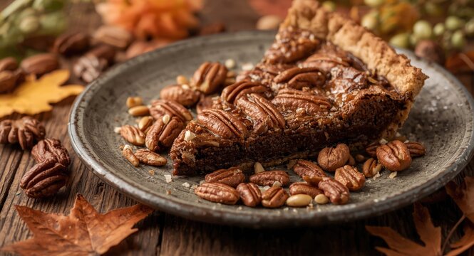Pecan pie brownie on rustic plate decorated with autumn leaves and a variety of nuts