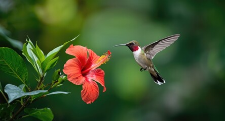 Fototapeta premium A joyful Rufous tailed hummingbird playing over a vibrant red hibiscus flower in lush green tropical forest