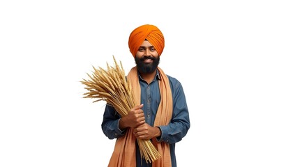 Obraz premium A smiling Indian man wearing a traditional turban and holding a bundle of wheat stalks on a white background