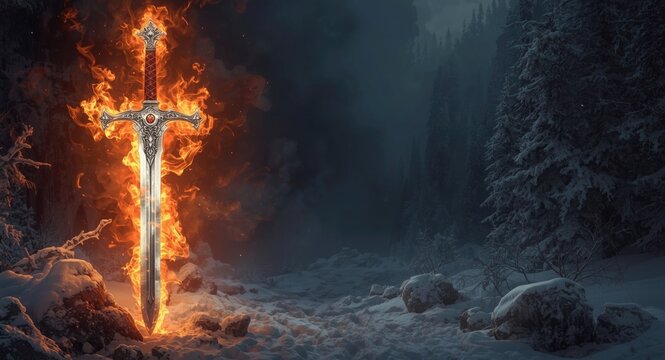 Glowing silver sword surrounded by mystical flames and Gothic snow covered scenery