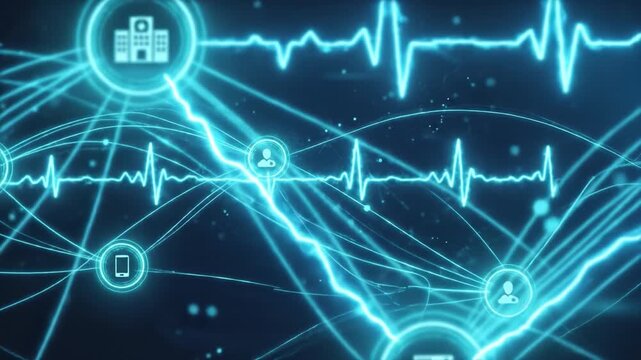 Digital healthcare network with glowing medical icons and heartbeat lines showcasing futuristic telemedicine technology, data connection, and digital health communication system integration