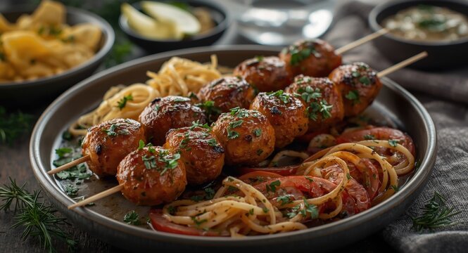 Fresh herb infused lula kebab in Mediterranean food presentation
