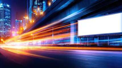 Fototapeta premium A vibrant night cityscape showcasing a busy street with illuminated buildings and motion blur