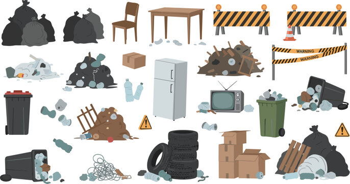Urban Waste and Illegal Dumping Vector Set Featuring Garbage Bags Construction Debris Broken Furniture Trash Bins and Environmental Pollution Scenes