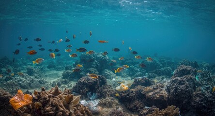 Fototapeta premium Environmental impact of underwater plastic pollution on marine ecosystems