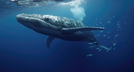 Obraz premium Marine biology focus on a humpback whale interacting with fish in its aquatic environment