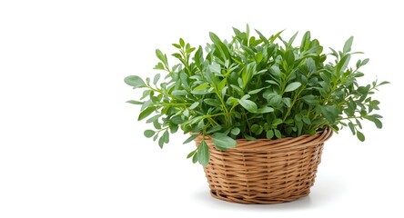 Fototapeta premium Organic arugula herb growing in woven basket isolated on a white backdrop