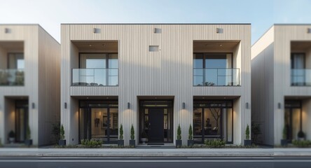 Fototapeta premium Modern construction design displaying fiber cement cladding with stylish sidelights and ceiling embellishments