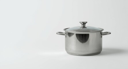 Protected metal cooking pot with lid on minimalist studio setup copy space