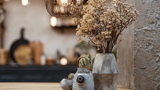 A cozy interior scene featuring dried flowers in a vase and a decorative lamp