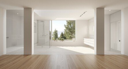 Fototapeta premium luxury bathroom featuring concrete and wooden floors white walls glass shower stall and wide window with double sinks