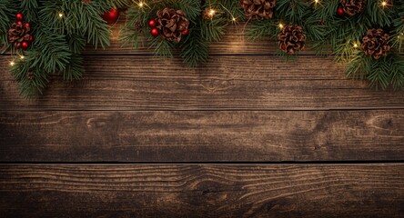 Obraz premium Cozy festive setting featuring pine branches and bright Christmas decorations on a textured wooden backdrop