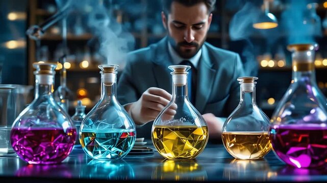 Luxury perfume laboratory with glass flasks of jewel-toned liquids, a perfumer analyzing scents. Semi-realistic scene emphasizing elegance, precision, and artistry in fragrance creation.
