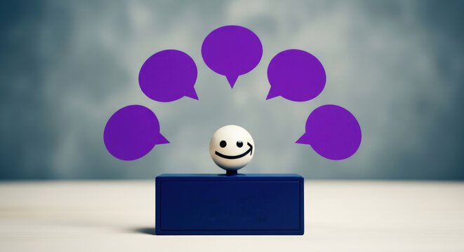 Laughing egg character surrounded by purple speech bubbles on april fool's day