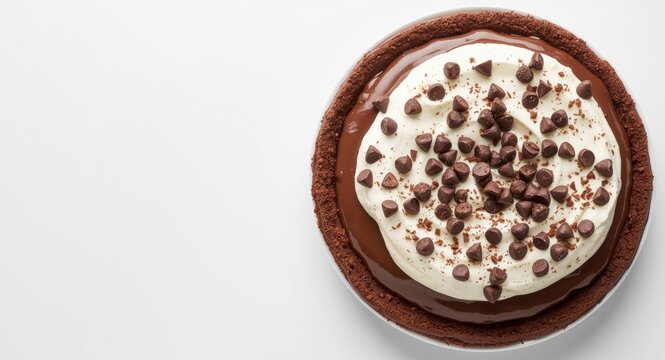 Chocolate mud pie with a smooth whipped cream topping and crunchy chocolate chips on a white flat plate