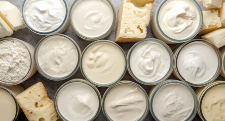 Selection of fresh dairy products viewed from above with blank copy space