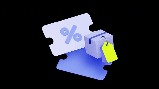3D icon of a discount ticket with a cardboard box and price tag For seasonal sale, promotional offer, marketing campaign, and e-commerce discount.