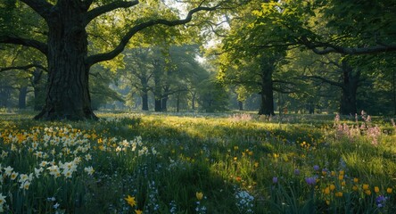 Obraz premium Magnificent trees tower over a colorful carpet of spring flowers and green grass in a summer forest
