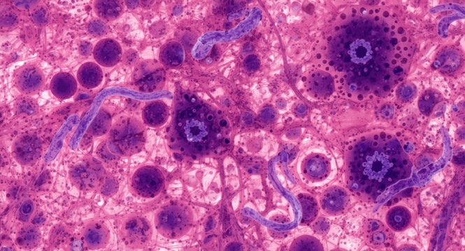 Microscopic snapshot of oral mucosa stained for squamous cells and bacteria with designated copyspace