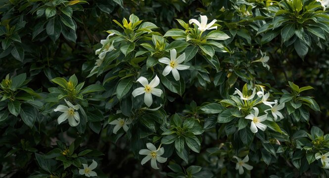 Lush garden tree bursting with full white Passiflora foetida flowers and vibrant green leaves