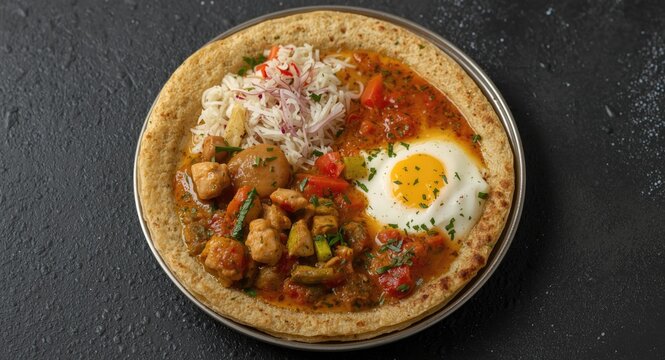 Indian Chicken Kothu Parotta Served with Egg and Mixed Vegetable Curry