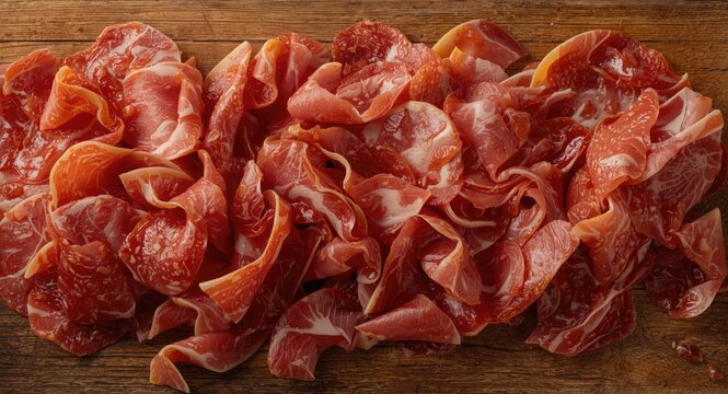 Handpicked prosciutto slices arranged on a vintage wood serving board