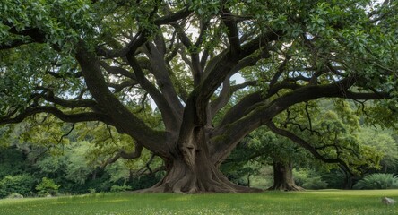 Obraz premium Full view of a flourishing tree with rich foliage and extensive branches in a thriving natural landscape