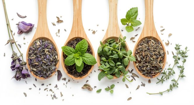 Healthy herbal tea components featuring dried lavender, fresh mint, and thyme arranged in wooden spoons on white backdrop