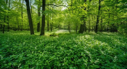 Obraz premium Fresh green vegetation covering woodland ground