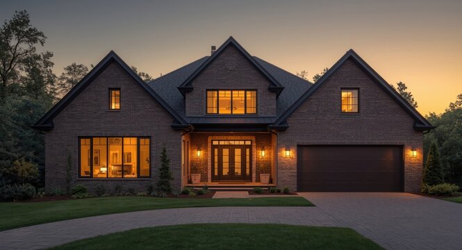 Exterior of a modern home with brick frontage and floor to ceiling windows glowing at sunset