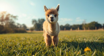 Fototapeta premium Cheerful six month old light tan alpaca exploring a healthy green grass lawn full length view on summer day