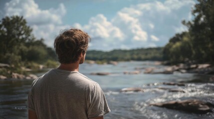 Fototapeta premium Young man standing in front of a river, looking out over the water. he is wearing a gray t-shirt and has his back to the camera.