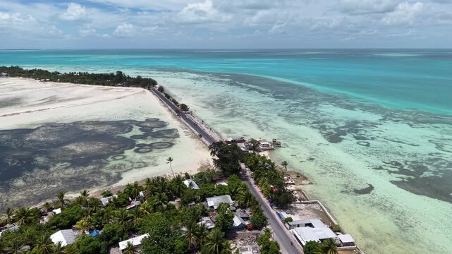 Kiribati South Tarawa Atoll Causeway Bridge Capital Gilbert Islands Oceania Pacific Thin Strip Aerial Drone 4K