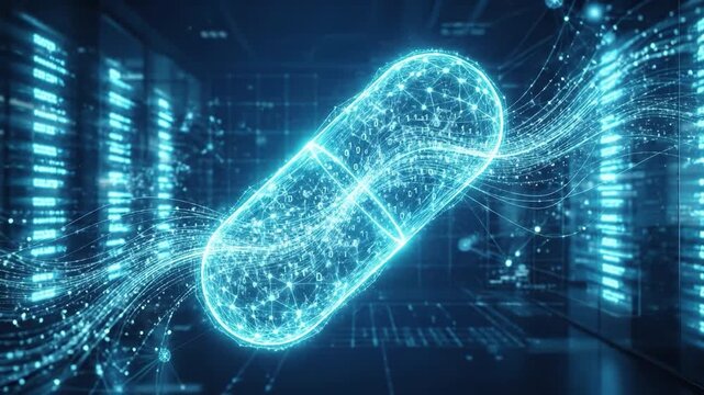 Digital capsule data flow with glowing binary code and futuristic technology network, abstract virtual medicine holographic pill concept showcasing digital health innovation science medical