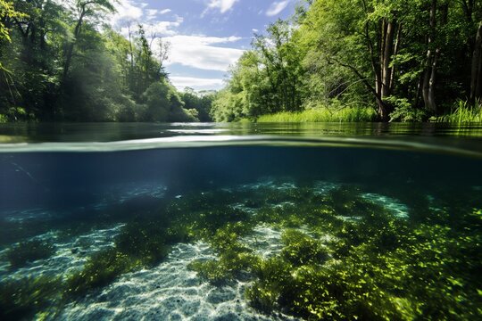 Split Level View of Pristine River with Aquatic Plants and Forest