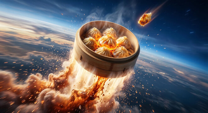 A bamboo steamer blasting upward like a rocket with steam acting as propulsion, dumplings inside glowing, dynamic motion blur, cinematic sky background, surreal and energetic food campaign visual.