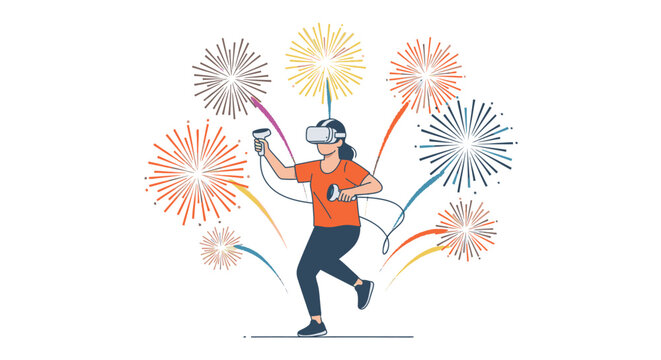 Woman wearing VR headset and holding controllers, celebrating with colorful fireworks exploding in the background.