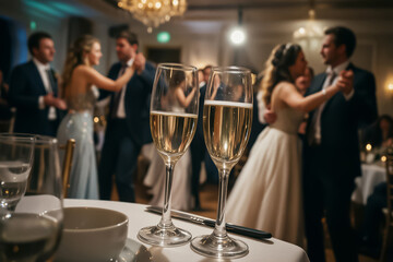 Obraz premium Two glasses of champagne on a table, with dancing guests in the background, at an elegantly lit wedding reception