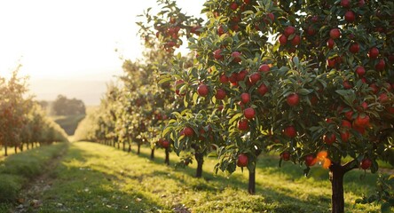 Healthy apple trees bearing fully developed fruits