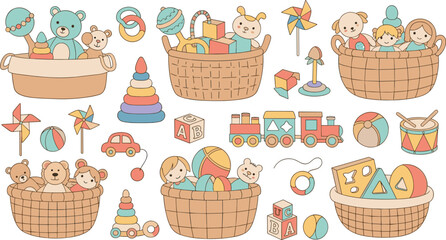 Fototapeta premium Cartoon Toy Basket Collection with Teddy Bears Blocks Trains Stacking Rings Balls and Baby Playroom Storage Objects Vector Illustration