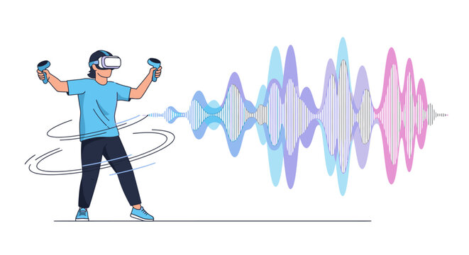 Person wearing VR headset and controllers interacting with colorful sound waves, representing virtual reality audio experience.
