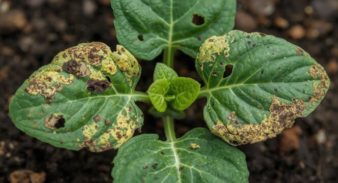 Fungal infection symptoms on potato plant leaves